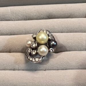Vintage Sterling Silver Elegant Multi-Pearl Silver CZ Joseph ESPO Ring Size 7